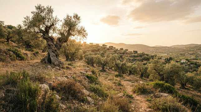 Gnarled olive trees stand on a hillside grove at golden sunset in Mediterranean hills