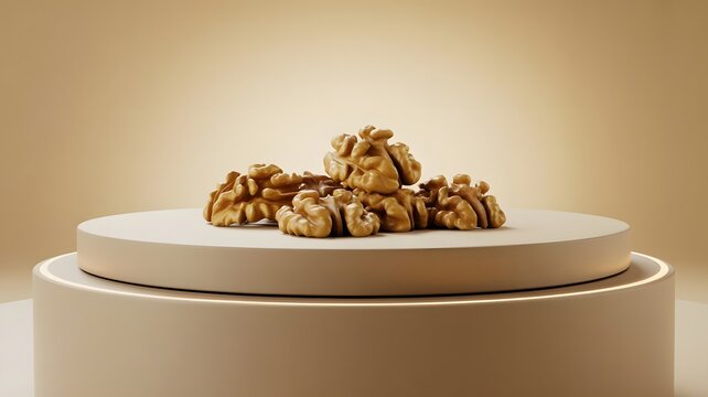 Shelled walnuts displayed elegantly on a smooth circular pedestal featuring warm neutral lighting for food marketing