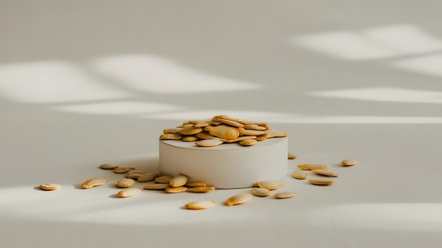 Organic pumpkin seeds piled neatly on a small white circular pedestal under soft morning sunlight rays