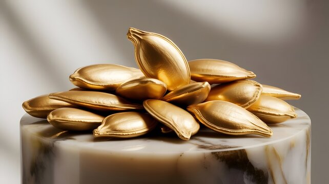 Shiny metallic pumpkin seeds arranged in a sculptural artistic pile upon smooth white veined marble surface