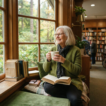 Senior woman reading a book with a mug on a library window seat by bookshelves