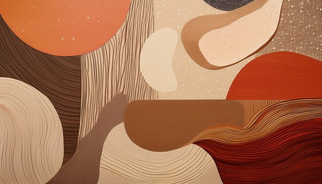 japandi wabi sabi version abstract composition of layered organic shapes with wood grain cork and textured surfaces in warm earth tones