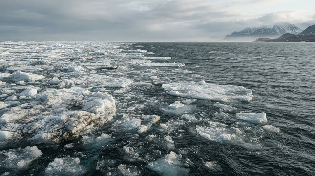 Small boat threading between drifting ice floes below snow capped mountains
