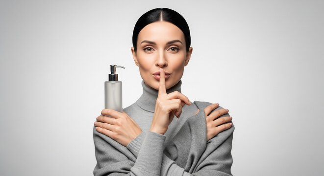 Professional woman posing with a blank cosmetic dispenser bottle while making a silent hush gesture against a clean gray studio background