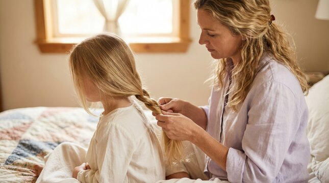 A mother is brushing and braiding her daughter's long hair as they sit together on a bed. Sunlight comes through the window