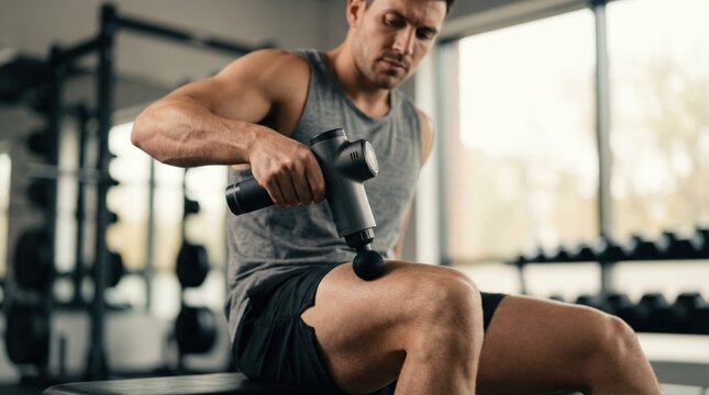 A man is seated in a gym holding a massage gun, targeting his thigh as part of his workout routine