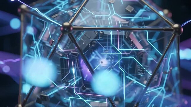 Futuristic technology cube displaying glowing circuit board patterns and digital interface design elements for advanced computer science concepts