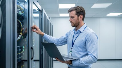 Fototapeta premium diverse it admin working on servers in modern data center with laptop demonstrating technical expertise for business technology services