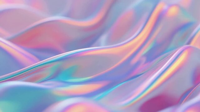 Holographic liquid wave background showcasing iridescent pastel fabric texture with smooth flowing folds and glossy sheen