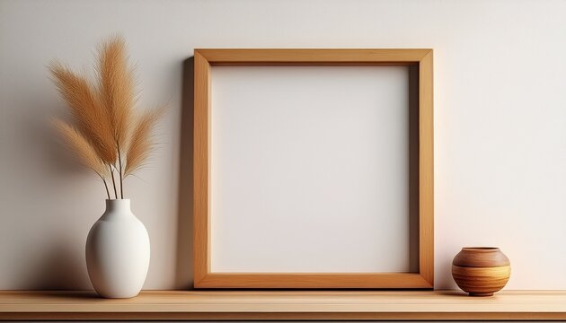 modern minimalist decor with empty picture frame small wooden picture frame wooden shelves white wall