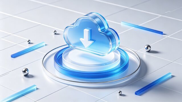 Blue cloud download icon on futuristic digital platform, idea for cloud storage, data transfer, online backup, file downloading and computing technology banner