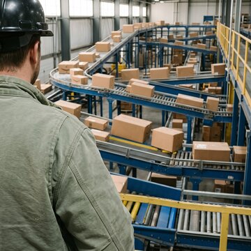 Warehouse worker in hard hat supervising automated conveyor belt sorting system in distribution center