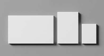 Fototapeta premium Three blank white rectangular canvases in various orientations isolated on a minimalist gray background for professional mockup