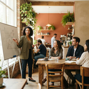 Businesswoman Presenting to Small Group During Meeting in Modern Cafe with Industrial Interior