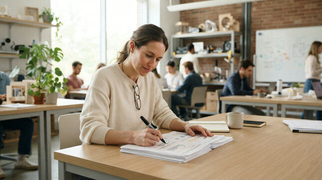 Woman writes on a stack of papers at a wooden desk in an open plan office