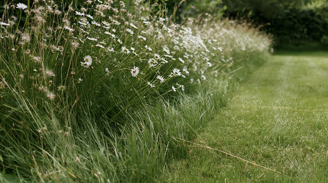 Wide strip of lawn left unmown for insects beside a mown edge