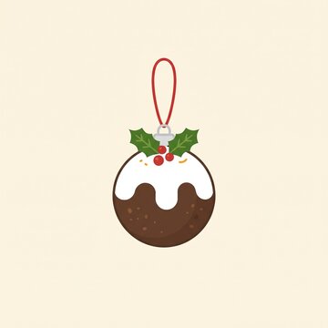 Flat vector illustration of a Christmas pudding hanging bauble ornament with white icing and holly berries, isolated on light background.