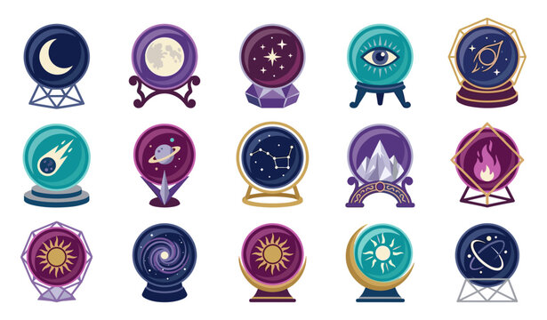Crystal ball vector set with magical sphere icons containing moon, stars, galaxy, constellation, third eye, planet, flame, and sun elements for mystical witchcraft design
