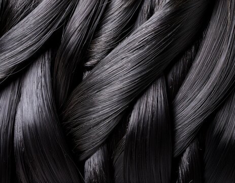 close up view of intricate black braided hair texture showing detailed weaving pattern of shiny dark strands for hairdressing concept