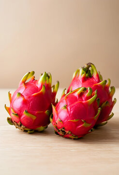 Exotic dragon fruit for healthy eating and tropical cuisine, vibrant pitaya on a wooden surface with copy space