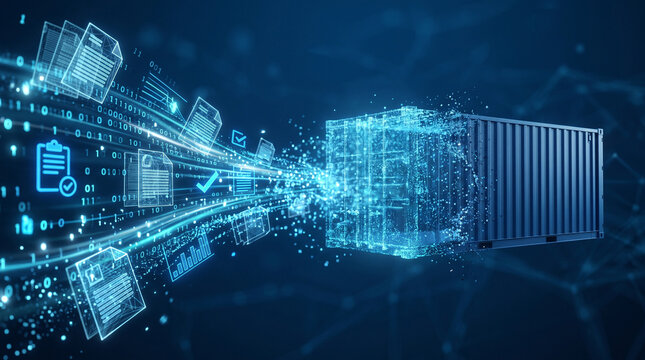 Digital Glowing Blue Cargo Container Representing Smart Contracts