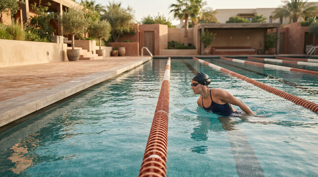 Woman swimming freestyle in an outdoor pool beside palm trees on a tiled patio
