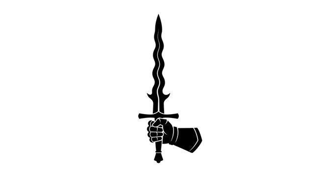Armored gauntlet hand holding a wavy flamberge sword silhouette