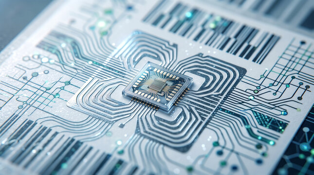 Glowing Microchip Processor Surrounded by Barcodes and Circuits