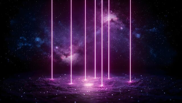 Futuristic Neon Light Beams Over Cosmic Space Scene