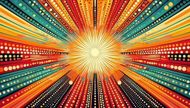 brightly colored sunburst pattern with abstract dots and rays