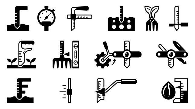 Agriculture soil testing and garden measurement tool icon set for farming and analysis.