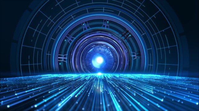 Dynamic cyber tunnel sends luminous information streams a circular digital gateway. Strong visual for broadband, cloud computing, connectivity, AI infrastructure, telecom high-speed network concepts.