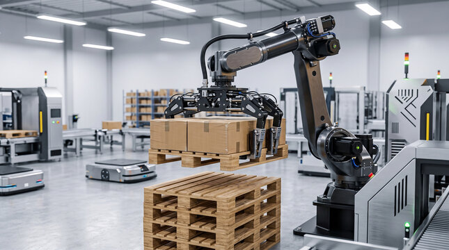 Robotic Arm Stacking Cardboard Boxes on Pallets in Warehouse