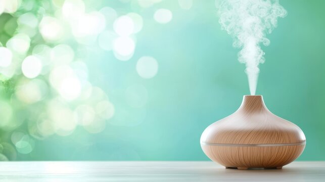 Spa Aromatherapy and Essential Oil Close up of a diffuser with swirling essential oil vapor, soft lighting, focus on the aromatherapy mist, serene backdrop