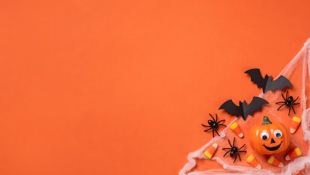 Halloween background with pumpkin, bats, spiders and candy corn on orange surface