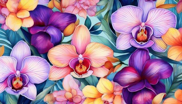 detailed watercolor orchid floral design pattern