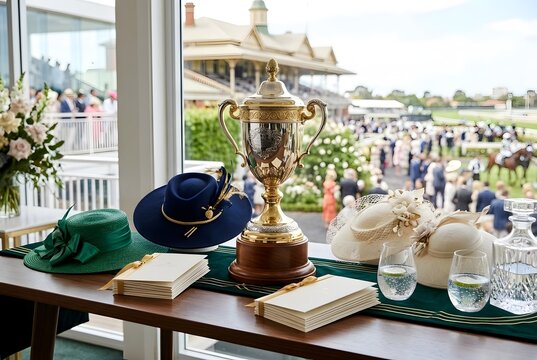 Luxury Horse Racing Event Setting Featuring a Gold Championship Trophy, Elegant Hats, and Event Programs in a VIP Suite Overlooking the Track
