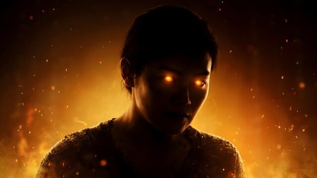 Scary woman with glowing eyes in dark fire background for Halloween horror concept.
