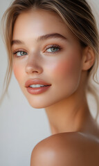 Fototapeta premium Beautiful beauty influencer posing with cosmetic collection, natural makeup, healthy glowing skin, luxury beauty branding and commercial advertising concept