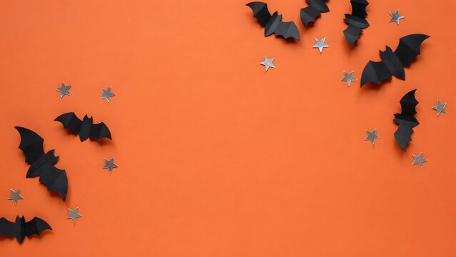 Halloween Decorations with Bats and Snowflakes on Orange Background