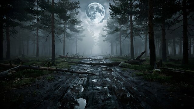 Dark eerie forest scene with fog and wet ground at night
