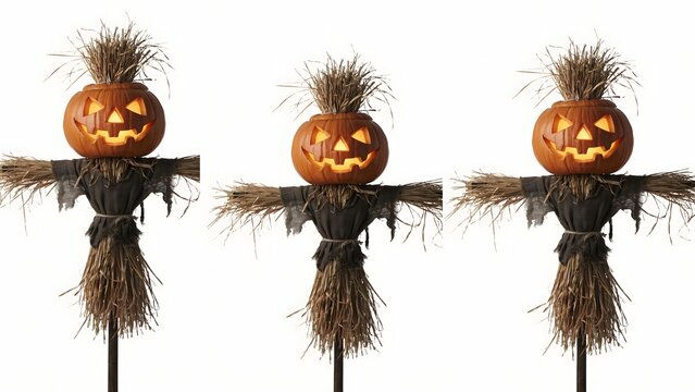 Three Halloween scarecrows with glowing jack-o-lantern heads on a white background