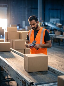 Male warehouse worker scanning cardboard box with handheld barcode reader on conveyor belt in distribution fulfillment center