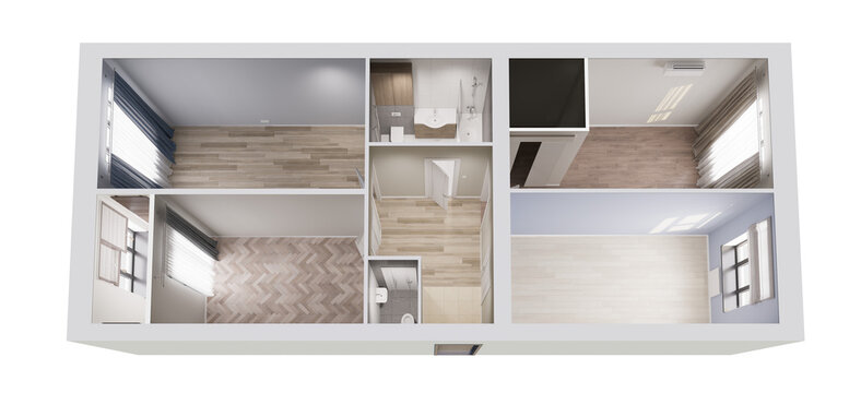 apartment layout in cross section 3d illustration without furniture and realistic lighting isolated png on a transparent background cutout (empty apartment cutaway, unfurnished cross-section)