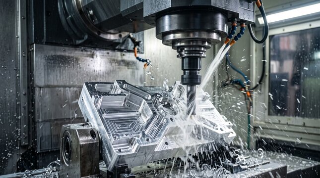 Precision CNC milling machine cutting aluminum part with coolant spray in industrial workshop
