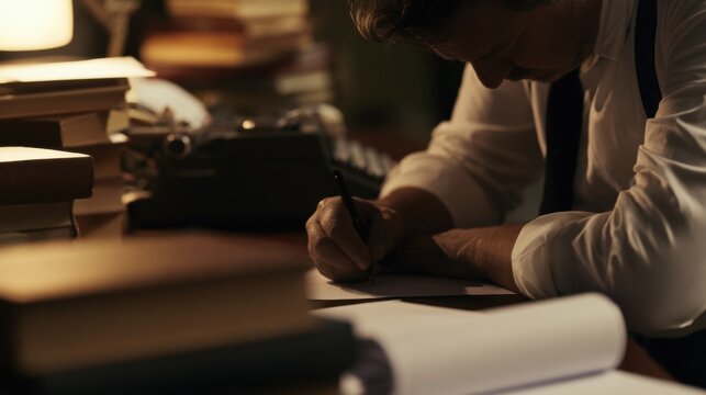 Writer sits at a desk with books and a typewriter during evening hours while taking notes on a sheet of paper