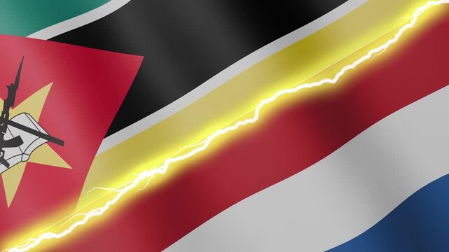 Two waving flags Mozambique and Netherlands with diagonal lightning seamless, 4k loop