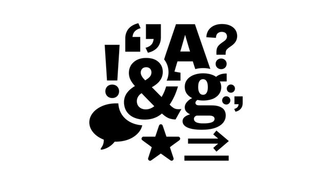 An artistic and imaginative arrangement of various punctuation marks and colorful speech bubbles creates an abstract typographic design on a plain white