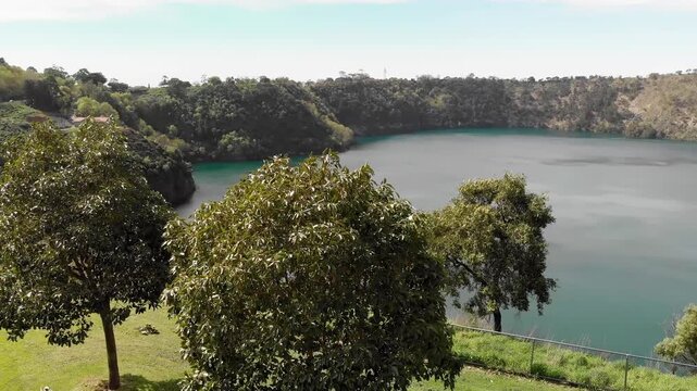 Aerial view Mount Gambier Blue Lake in spring season, Australia. Slow motion