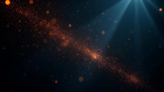 Abstract forming granular cosmic trail of scattered luminous orange motes with blue light rays, dynamic stardust effect for science documentaries, technology presentations, and event displays video